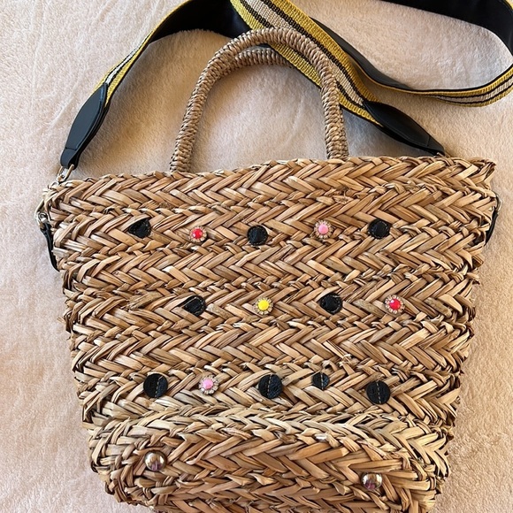 STEVE MADDEN STRAW TOTE BASKET BEACH BAG DOUBLE HANDLES GUITAR STRAP - Picture 9 of 9